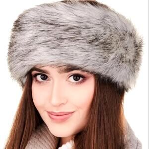 Plush Warm Faux Fur Headband - Grey/Black